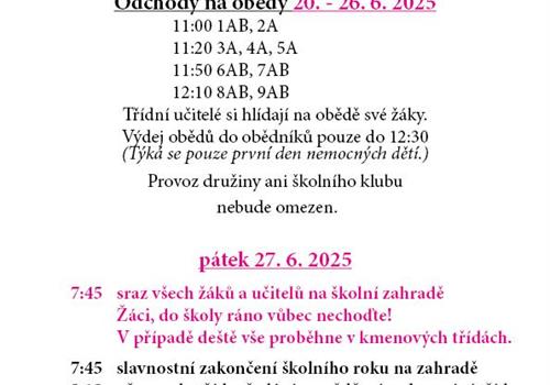 Informace k organizaci závěru šk. roku 24/25